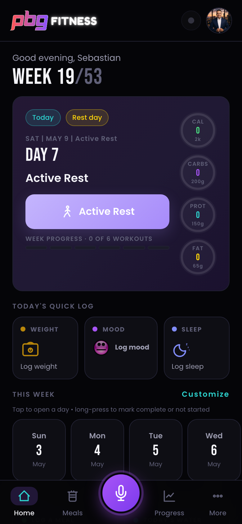 PBG Fitness mobile app screen.