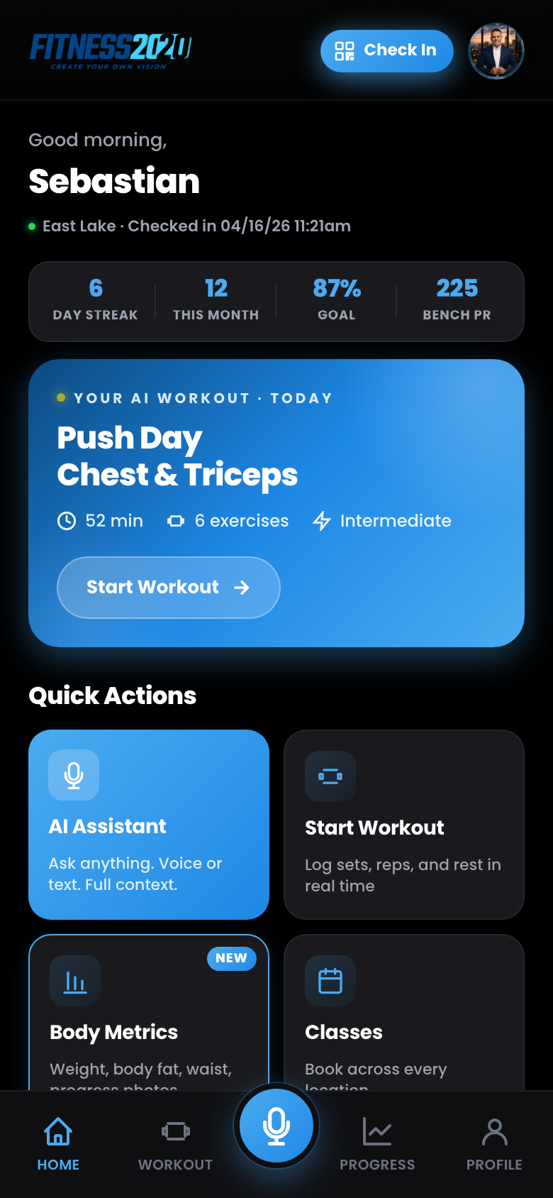 Fitness2020 mobile app screen.