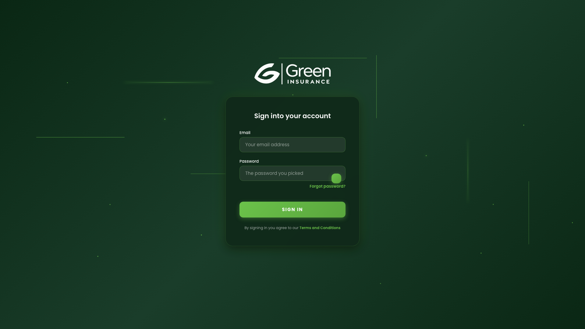 Green Insurance CRM login page.